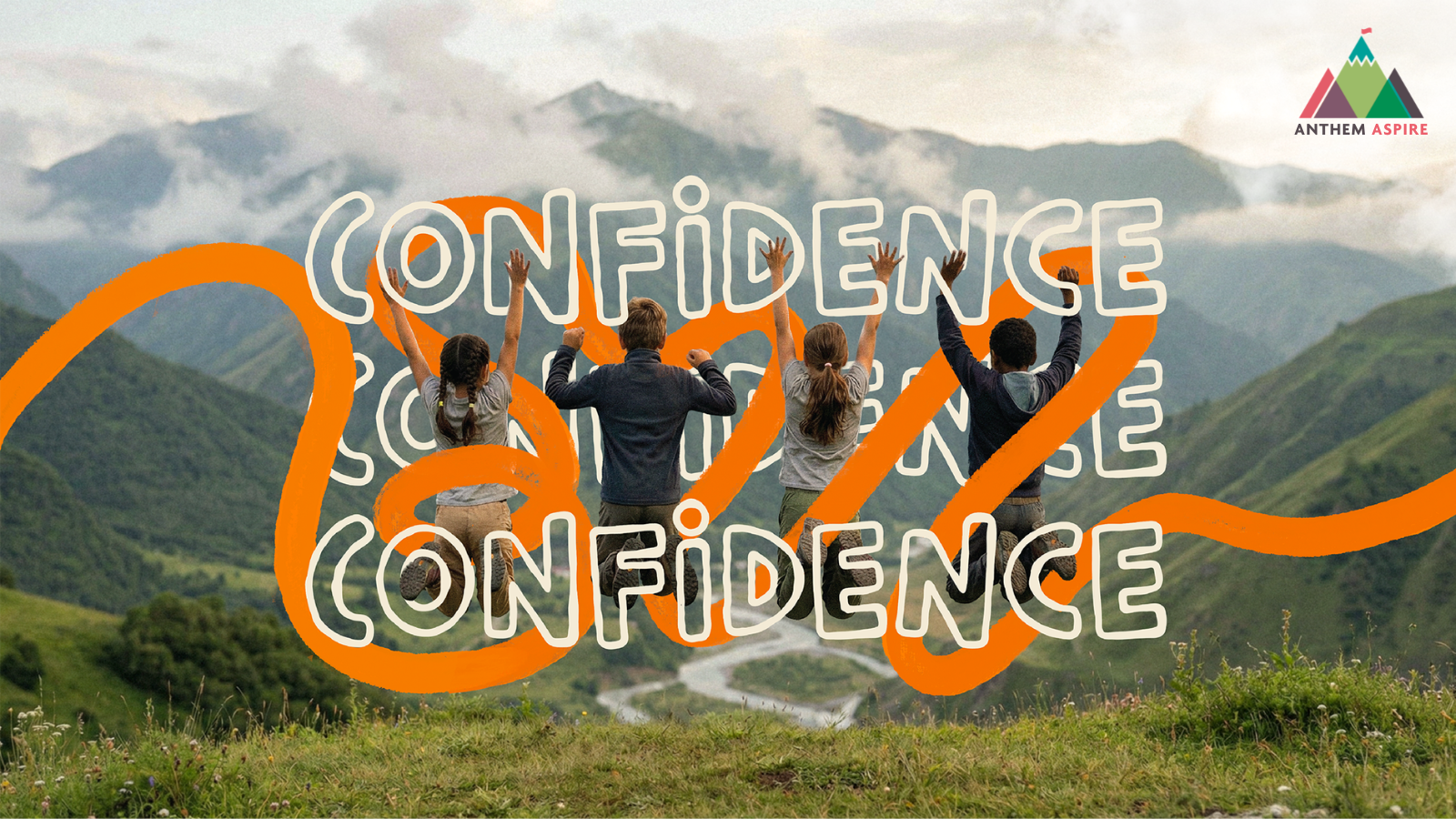 A group of young people jumping in the air in a mountainous landscape